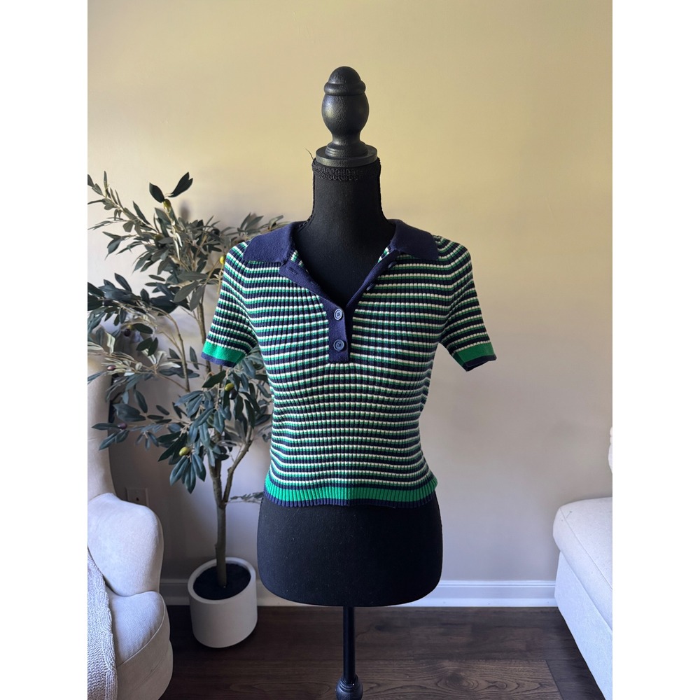 Aerie Striped Ribbed Knit Polo Sweater Short Sleeve Green Navy Blue Size M